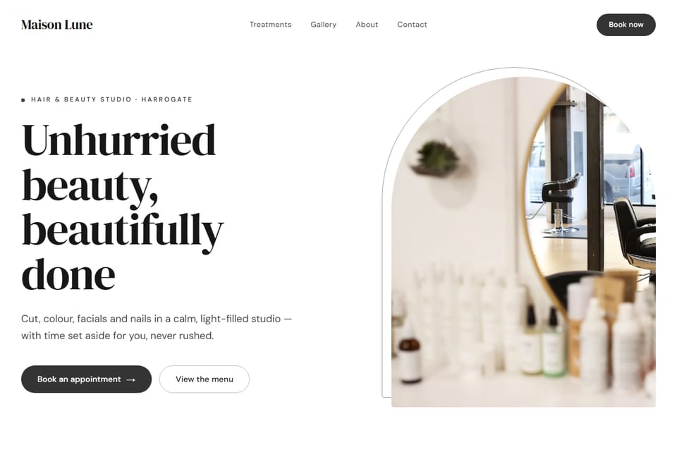 The salon and beauty design: a large serif headline beside an arched photo, with a booking button