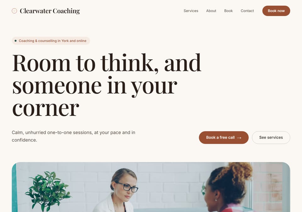 The coaching and wellness design: a large serif headline above a wide photo with rounded corners