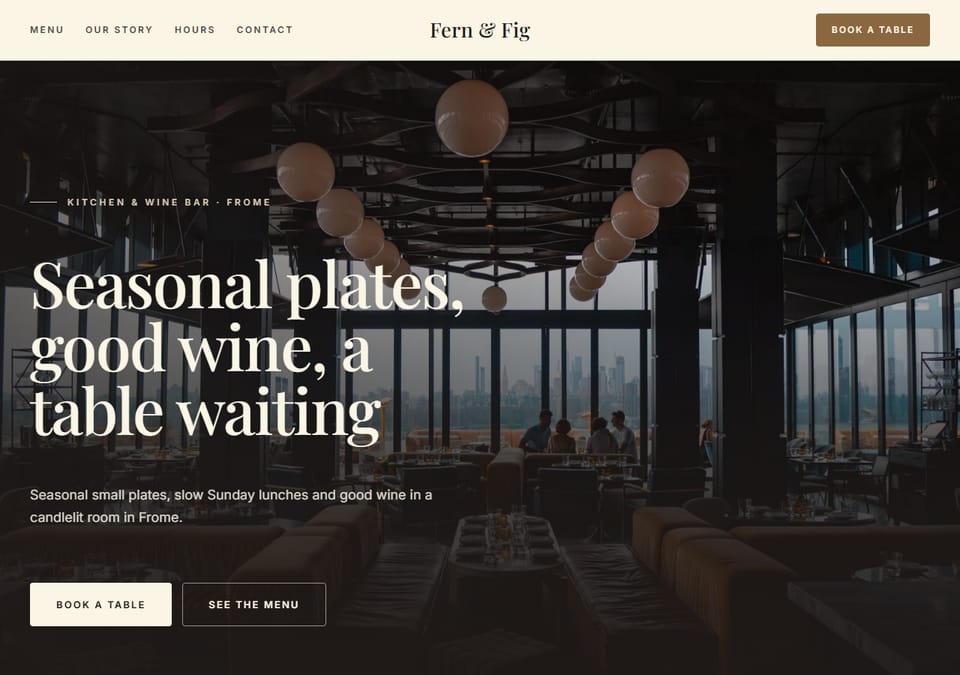 The food and drink design: a large serif headline over a full-width photo, with a table booking button