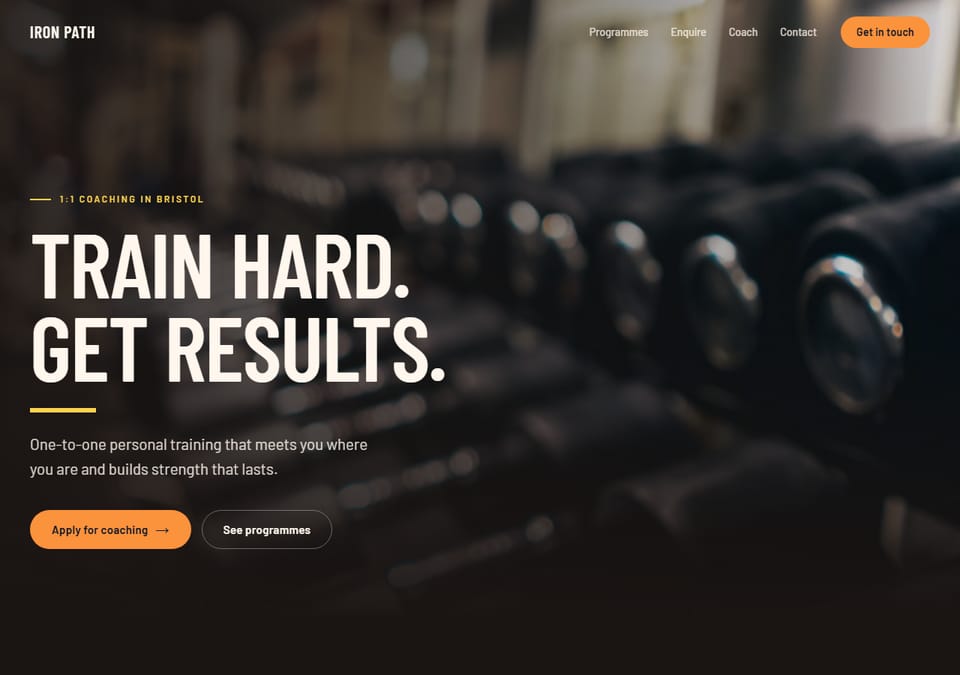 The personal training design: a bold headline in capitals over a full-width photo