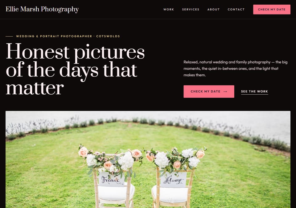 The photography design: a large serif headline above a wide photo