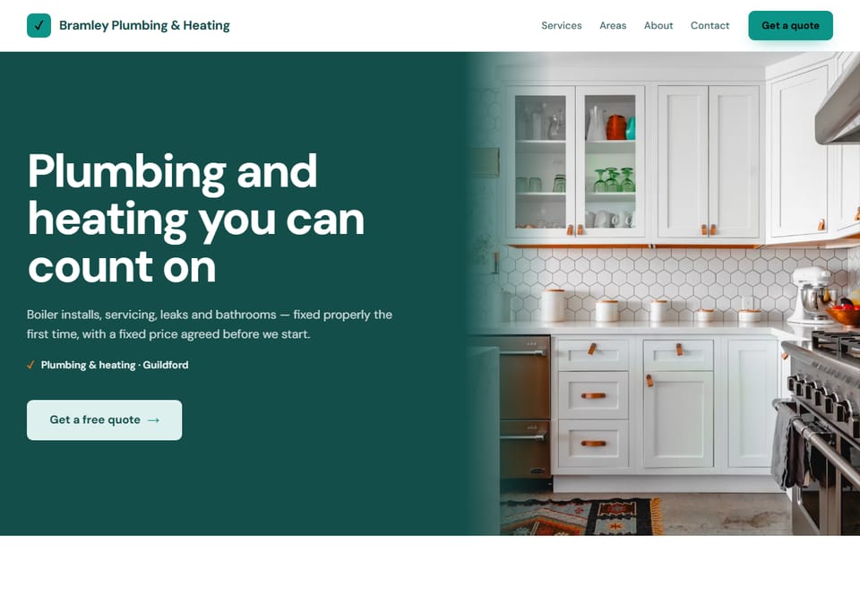 The trades design: a headline and a quote button in a band beside a large photo